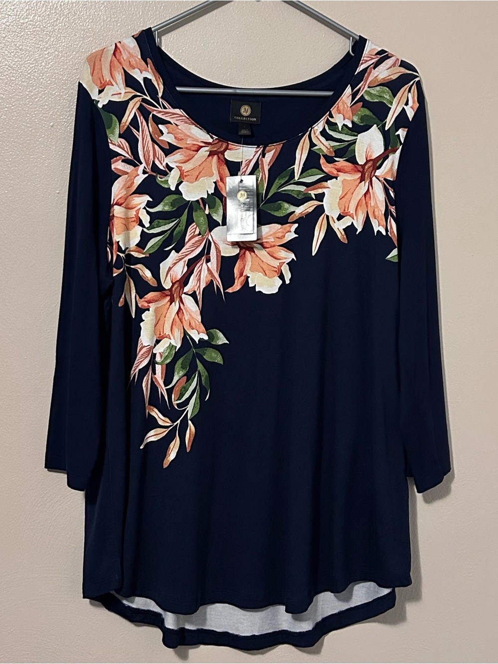 JM Collection Navy Floral Scoop Neck Tunic with Peach and Green Floral Accents